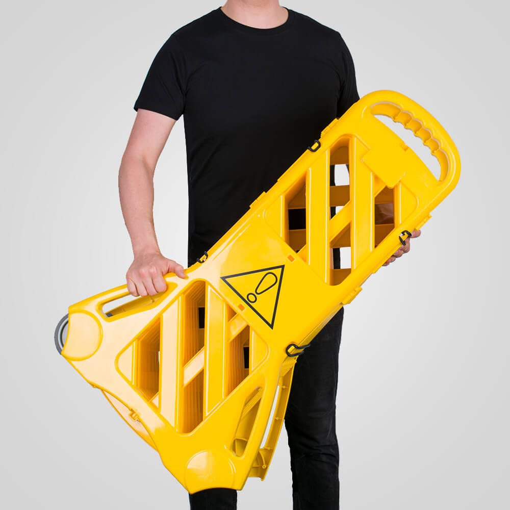 Mobiles Absperrsystem, gelb, 4 m lang, Kunststoff, 2 Rollen, faltbar aus Kunststoff, Art.-Nr. 609638 | Schrankenzaun | Absperrschranke | Absperrzaun