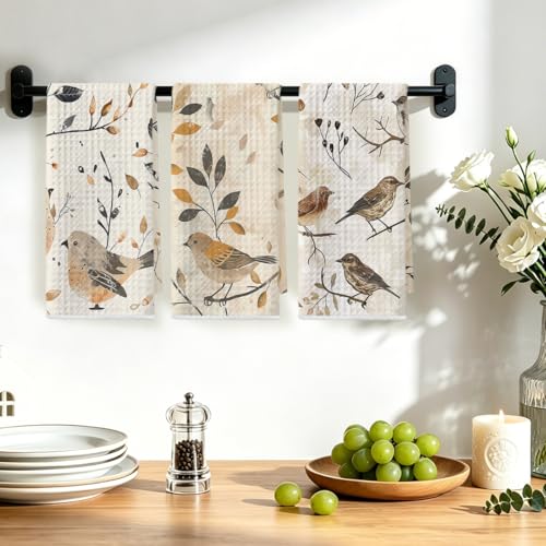 Image of Hanamiya Na 3 Pcs Vintage Birds Kitchen Towels, Vintage Artistic Decorative Absorbent Microfiber Dish Cloth Tea Towel, Durable Hand Towels for Farmhouse Home Bathroom, Bird Gifts