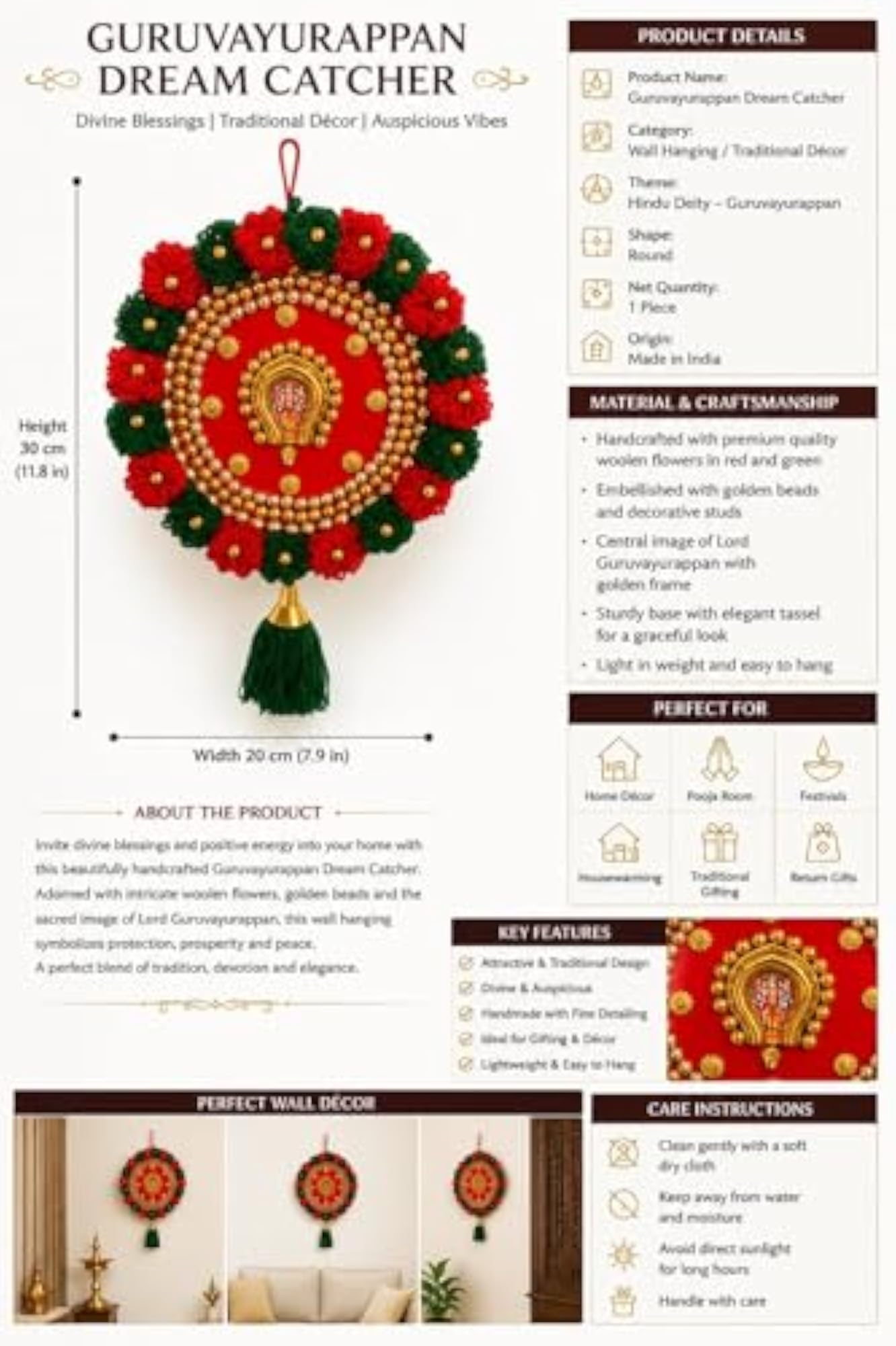 Guruvayurappan Dream Catcher Wall Hanging, Handcrafted Decor