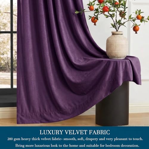 Image of Amazon Brand - Solimo Velvet Curtain Set of 2 (52x48 Inch) Plain Door & Window Curtains for Living Room & Bedroom |75% Light Blocking, Eyelet Curtains for Home Decor in Purple Color (4 feet x 4 feet)
