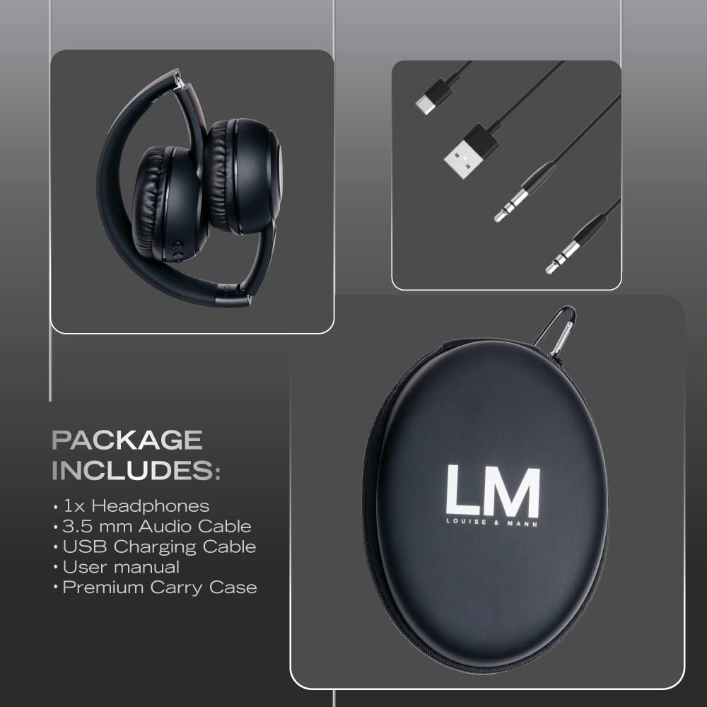 Louise & Mann Casque Bluetooth sans Fil, Écouteurs Bluetooth sans Fil, Casque Audio Pliable avec Microphone Intégré, Stéréo Hi-FI, Léger pour iPhone/iPad/Samsung/PC (Noir)