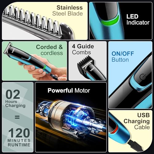 Image of VGR V-183 Professional Trimmer for Men | 120 Min Runtime, Corded & Cordless Use, 5 Length Settings, LED Display with USB Charging (Blue)