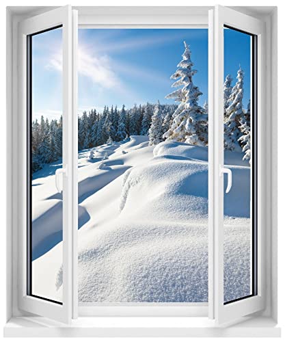 Jm-Déco Sticker Fenêtre Trompe l'oeil Paysage Montagne Dimensions 50x60cm