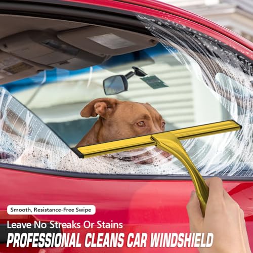 Image of Stainless Steel Shower Squeegee for Glass Door with 3 Adhesive Hook, Glass Cleaning Squeegee for Bathroom & Household Window, Mirrors, Tiles and Car, Clear 10 Inches Golden