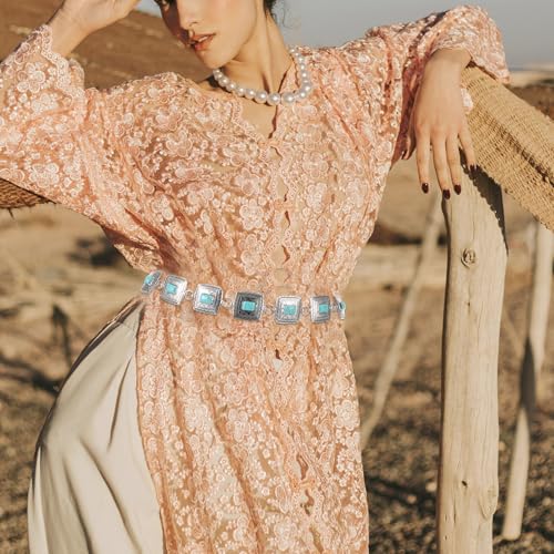 BESPORTBLE Turquoise Waist Chain Belt: Retro Boho Square Charms Link Cowgirl Body Chain Jewelry for for Dress Jeans Country Concert Outfit4