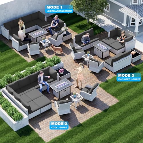 Image of Outdoor PE Wicker Rattan Modular Patio Sectional Sofa Set | 13-Piece: 6 Modular Seats, Coffee Table, 2 Swivel Rocking Chairs, Side Table, 2 Ottomans & 55,000 BTU Fire Pit Table, Black