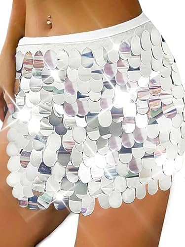 TWINKLEDE Sparkly Sequin Skirt Mermaid Costume Mini Wrap Belly Dance Hip Skirt for Women (G Silver)