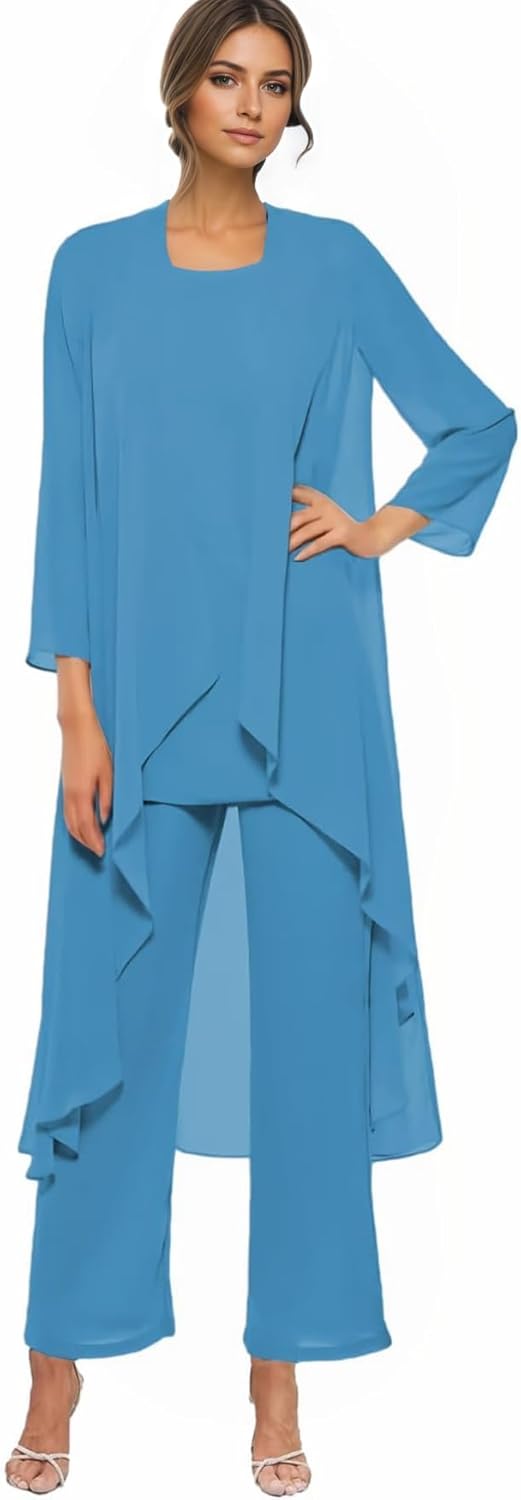 Women’s Chiffon Mother of The Bride Pant Suits for Wedding Guest 3 Pcs Formal Grandmother Pantsuit with Jacket