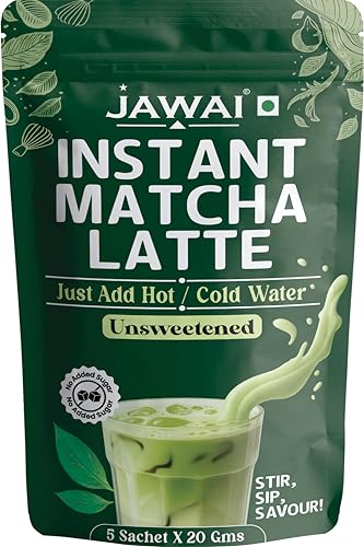 Image of JAWAI MATCHA LATTE INSTANT PREMIX | 100 Grams | Japanese Matcha Green Tea Powder | UNSWEETENED, No Added Sugar | Antioxidant Rich, Keto & Vegan Friendly | Just Add Hot or Cold Water | 5 Sachets x 20G