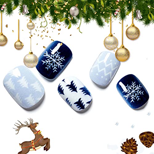 Christmas Press on Nails GLAMERMAID Snow Fake Nails with Christmas Trees Design, Blue Snowflake, Stick Glue on Nails Set