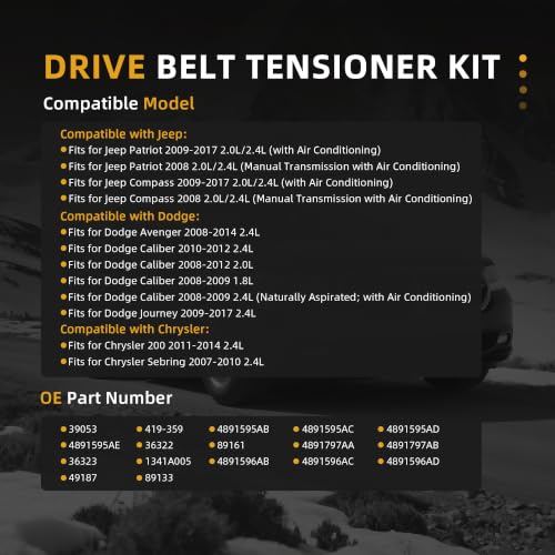 Image of Belt Tensioner Serpentine Belt Idler Pulley Kit Fit for Jeep Patriot /Compass, for Dodge Avenger /Caliber /Journey 2008-2017, for Chrysler 200 /Sebring 2007-2014, 1.8L /2.0L /2.4L L4, OE#39053, 36322