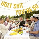 Happy 50th Birthday Banner, 50th Birthday Decorations Banner for Women Men Gold Glitter Party Decor Sign Funny Supplies Holy Shit You're 50 Party Decoration - Image 3