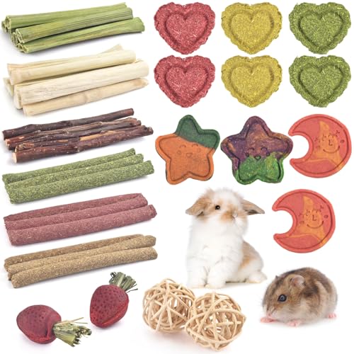 ERKOON 33PCS Bunny Chew Toys for Rabbits Teeth, Natural Rabbit Toys Apple Wood Sticks, Carrot, Timothy Grass Toys for Small Pets, Hamster, Chinchilla, Guinea Pig Dental Care and Treat Teething Toys