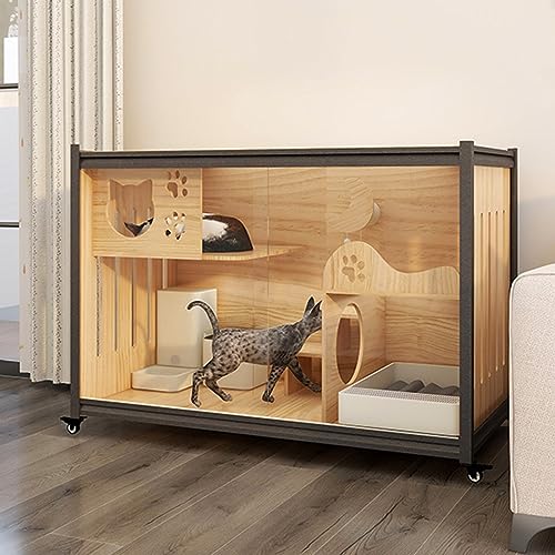 猫ケージ - 子猫用プレイペン、木製猫ハウス、屋外猫用囲い、猫ハウス&コンドミニアム。脱出ドアとキャスター付きの多機能密閉型猫ケージはテレビとしても使用できます。(C1-120-60-86cm)