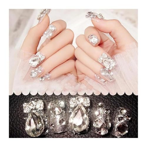 24 Uds Uñas Postizas Largas Diamante Perla Bowknot Diseño De Corona Acrílico Artificial Usable Prensa En Las Puntas De Las Uñas Manicura Bricolaje(03)