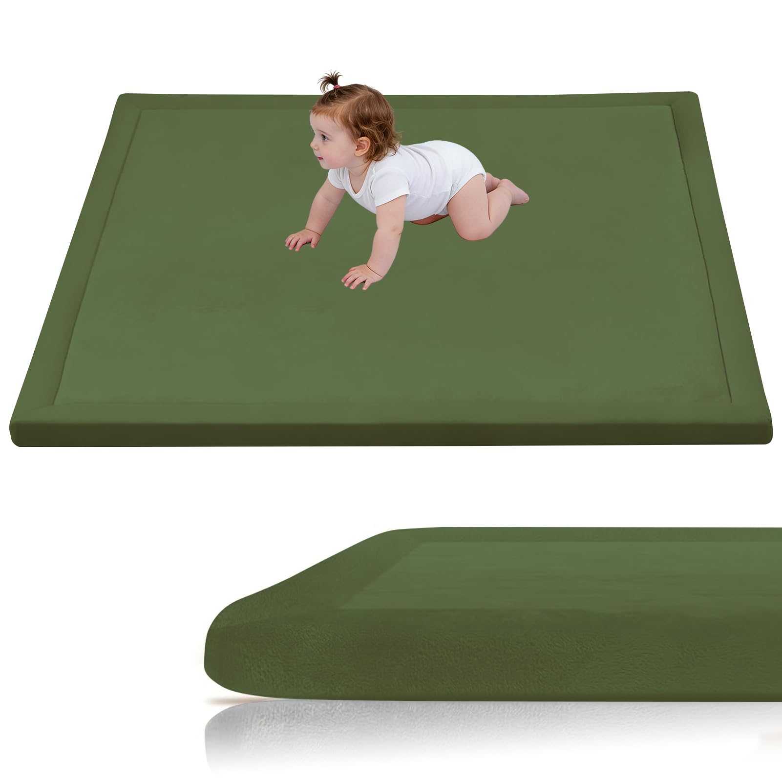 Stqyeiw Memory Foam Mat, Extra Thick Area Rug 3cm for Kids Living Room 100 x 160 cm Army Green Baby Playroom Crawling Carpet with Non Slip Soft Play Mat Modern Floor Toddler Nursery Carpet