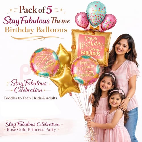 Image of Propsicle Stay Fabulous Birthday Balloon Set Pack of 5 with 36 Inch Square Foil, 18 Inch Star, Printed Round Rose Gold Theme for Women Girls Photo Booth Decoration