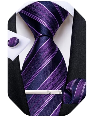 Image of DiBanGu Mens Tie Silk Plaid Striped Necktie and Pocket Square Cufflinks Tie Clip Set with Gift Box Formal Wedding Party