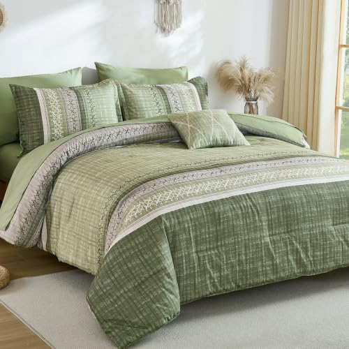 Image of Dintszyayue Sage Green King Comforter Size Set, 8 Pieces Striped Boho Texture Bed in a Bag Sets, Lightweight Soft Bohemian Comforter and Sheet Set, All Season Microfiber Bedding Sets for Men Women