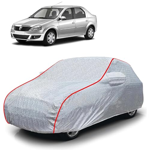 Image of Sulfar 100% Waterproof Car Body Cover Compatible with Mirror for Renault Logan Edge (Triple Stitched, Full Bottom Elastic, Magic Silver with Red Piping)