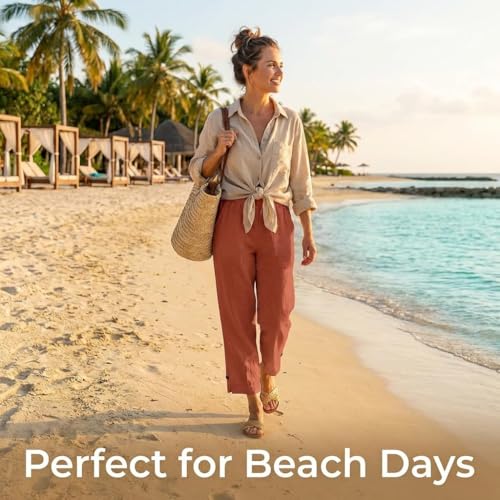 Image of Linen Pants Women 2026 Summer Beach Vacation Trousers Elastic Waist Linen Capris Pants Boho Casual Travel Pant
