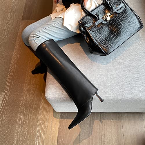 Kluolandi Women's Stiletto High Heel Knee High Boots Pointed Toe Fold Over Boots for Women Knee High Dress Shoes4