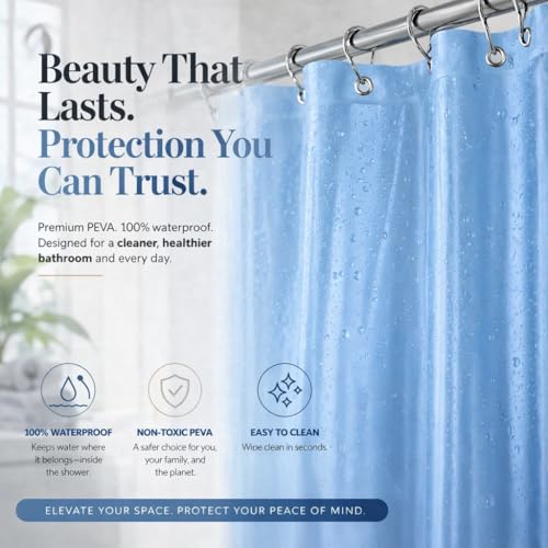 Image of EHZNZIE Light Blue Shower Curtain Liner 72x72, PEVA Waterproof Bath Curtain, No Chemical Smell, 3 Weighted Magnets, Durable with Rustproof Metal Grommets