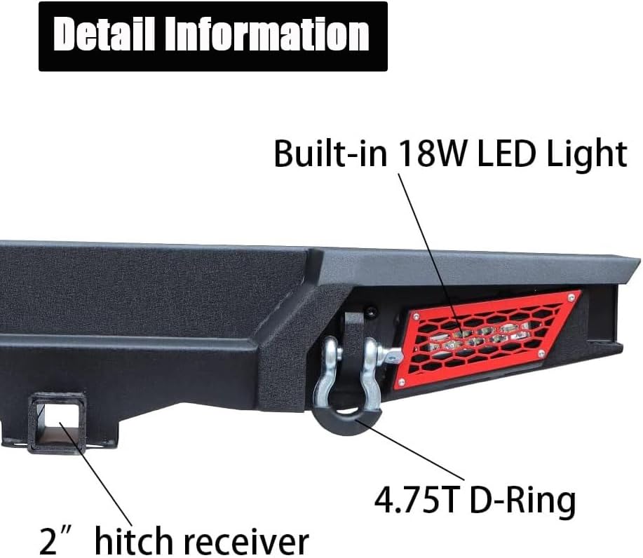 SUNPIE Rear Bumpers Compatible with Jeep Wrangler JL/JLU 2018 2019 2020 2021 2022 2023 2024 2025 2&4 Doors Rock Crawler Bumper w/ 2inch Hitch Receiver Mount&D Rings&LED, Textured Black