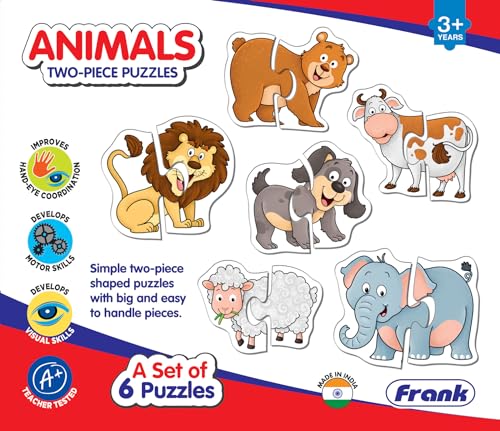 Frank Animals Puzzles - A Set of 6 Two-Piece Shaped Jigsaw Puzzle for Kids Above 3+ Years - Fun & Challenging Brain Booster Games - Educational Puzzle