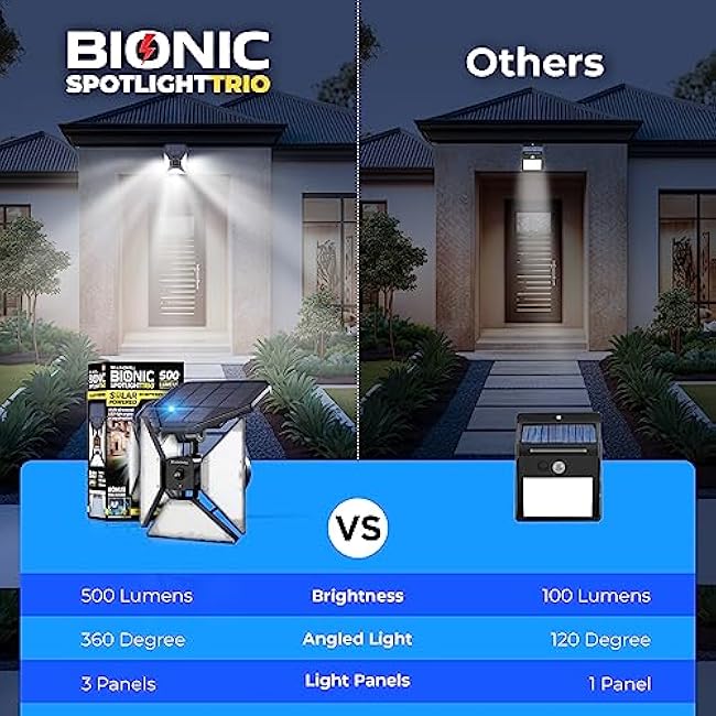 Bell+Howell Bionic Trio Solar Lights Outdoor with Motion Sensor, Super Bright Landscape Spotlight for Outdoor, Patio, Yard, and Garden ¨C 500 Lumens, Black, As Seen On TV (Cool White)