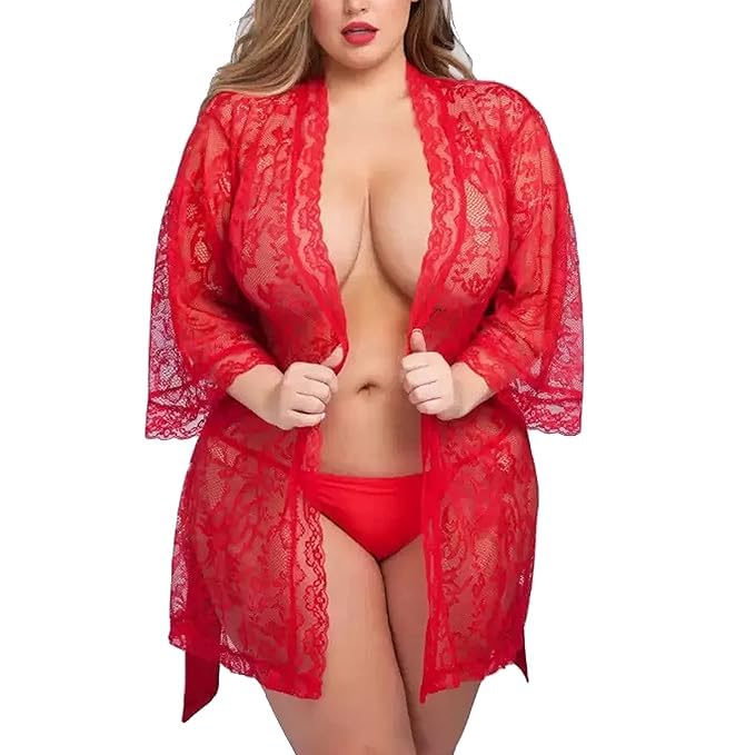 fihana Women's Net and Lace Solid Above Knee Babydoll Dress | Short Nighty Nightwear | Robe with Panty | Sexy Plus Size, Free Size S to XXL RED-picture-40