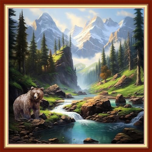 Image of Disxvivy Cross Stitch Stamped Full Embroidery Kits DIY 11CT Cotton Thread Printed DIY Needlepoint Kits Craft Needlework Set Cross-Stitch Stamped Sets-Forest Bear 18x18 inch