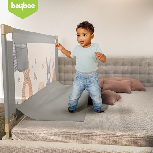 Image of BAYBEE Baby Bed Rail Guard (150x80cm), Bedrail for Baby Safety with 28 Height Adjustable, Portable Bed Side Protector for Babies Falling | Foldable Single Side Bed Railing, 2 Side, (Light Grey)