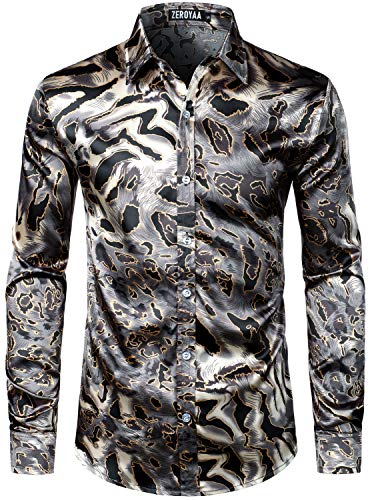 Image of ZEROYAA Men's Luxury Printed Silk Like Satin Button Down Dress Shirt for Party Prom