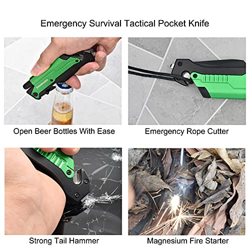 SHUBHADA Folding Pocket Knives Multi Function Emergency Tool Knives Led Light Magnesium fire starter Seatbelt cutter Glass breaker Bottle opener(Green)