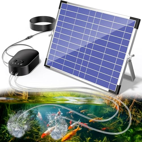 Biling Aérateur de Bassin Solaire 15W avec 4400mAh Batterie, Pompe à Air Solaire Double Sortie Fonctionne Jour et Nuit, Oxygénateur Étanche IPX5 pour Étang de Jardin, Aquarium, Bassin à Poissons