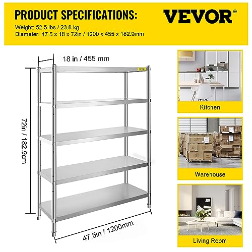 VEVOR Küchenregal 5 Ebenen, Standregal bis 750 kg (150 kg pro Boden), Edelstahlregal Gastronomie mit Verstellbaren Füßen & Regalböden, Schwerlastregal für Lager Garage Werkstatt, 1200 x 455 x 1830 mm