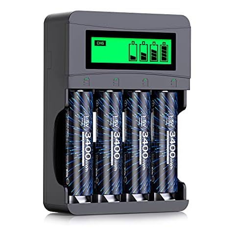 Deleepow 1.5V AA Rechargeable Batteries, Lithium AA Batteries 3400mWh High Capacity with LCD Charger, 1500 Cycles, 1.5H Fast Charge, 4-Packs Cover