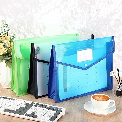 Pasta de arquivo expansível A5, pacote com 3 organizadores de documentos de plástico com fecho de pressão e vários bolsos - Carteira envelope transparente impermeável para escritório, escola