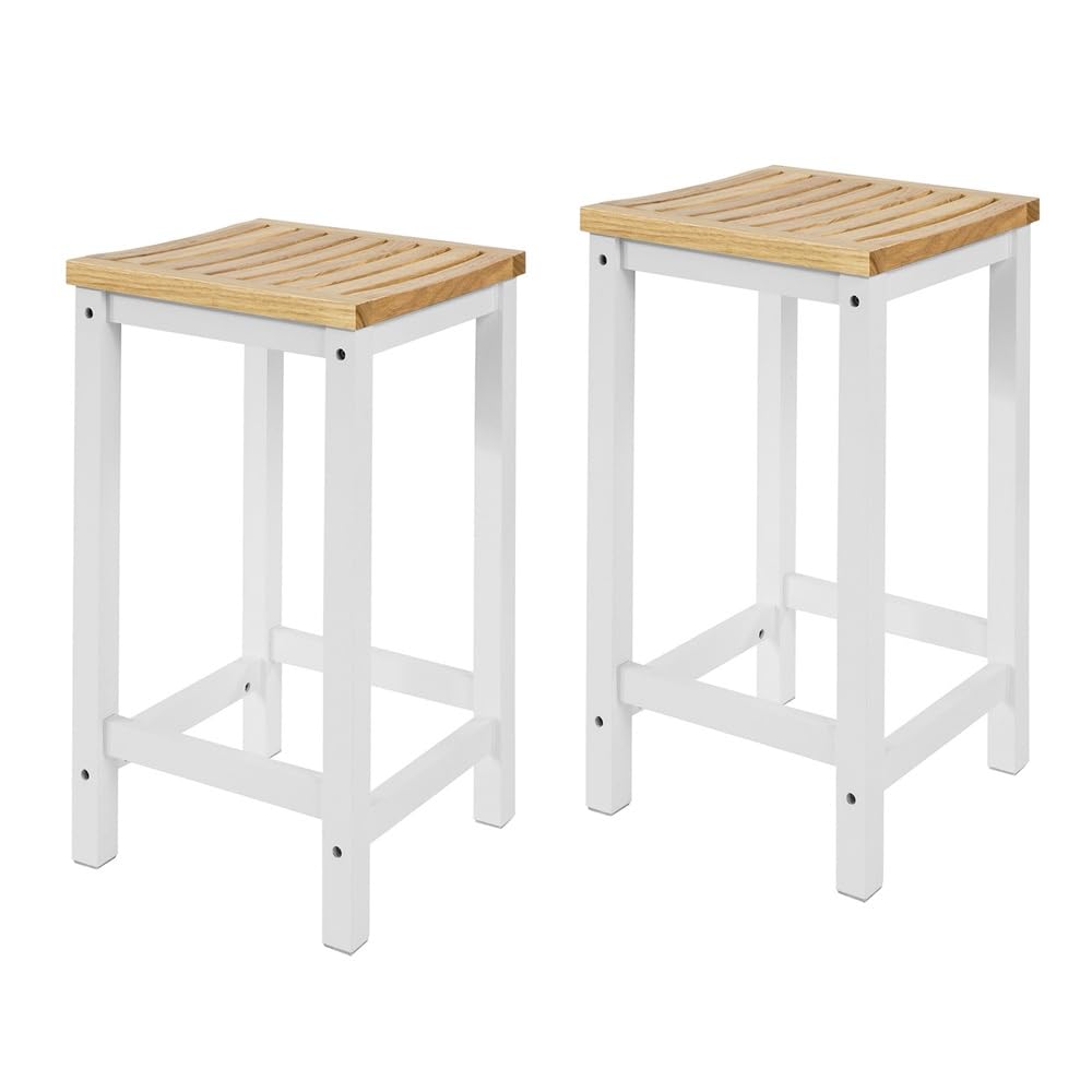 SoBuy Set of 2 Wooden Kitchen Breakfast Bar Stool, Kitchen Dining Stool White and Natural FST29-WNx2