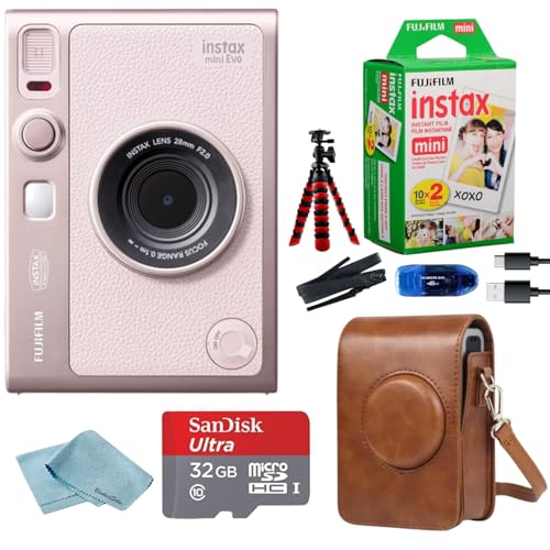 Image of Fujifilm Instant Mini EVO Hybrid Camera Bundle with 20 Instant Film Sheets + 32GB Memory Card + Carrying Case + Flex Tripod + BluebirdSales Cleaning Cloth (Gentle Pink)