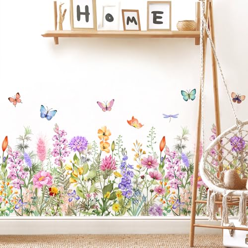 RAINBOW WSK Floral Plants Grass Wall Stickers Colorful Butterfly Flower Wall Decals Wildflower Garden Wall Murals Peel and Stick Girls Bedroom Classroom Vinyl Wall Decals MS3167
