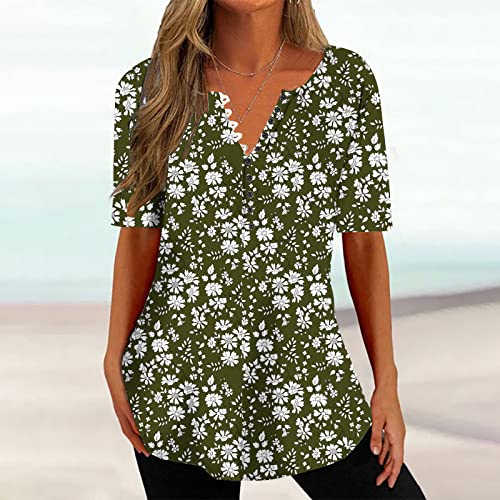 Dasayo Women's Trendy Summer Boho T-Shirt Shirt Floral Print Button Vneck Tunic Shirts Loose Comfy Cute Aesthetic Clothes #TOP1