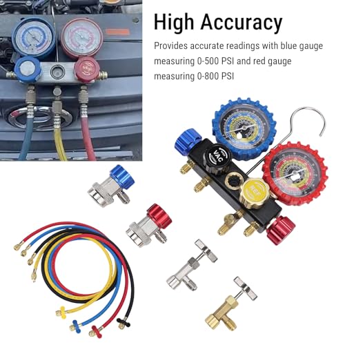 Juego de Manómetros para Aire Acondicionado Automotriz con Válvulas de Seguridad, Mangueras y Adaptadores para Refrigerantes R410A, R32, R134A y R22, Manómetros HVAC en Latón miniatura 5