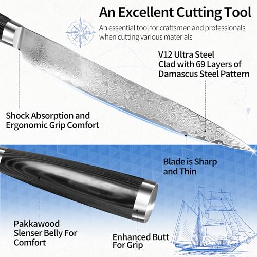 Image of XYJ 8 Inch Damascus Steel Slicing Knife, Professional Kitchen Knife with Patterned Blade, Sharp & Durable Carving Knife for Meat Cutting