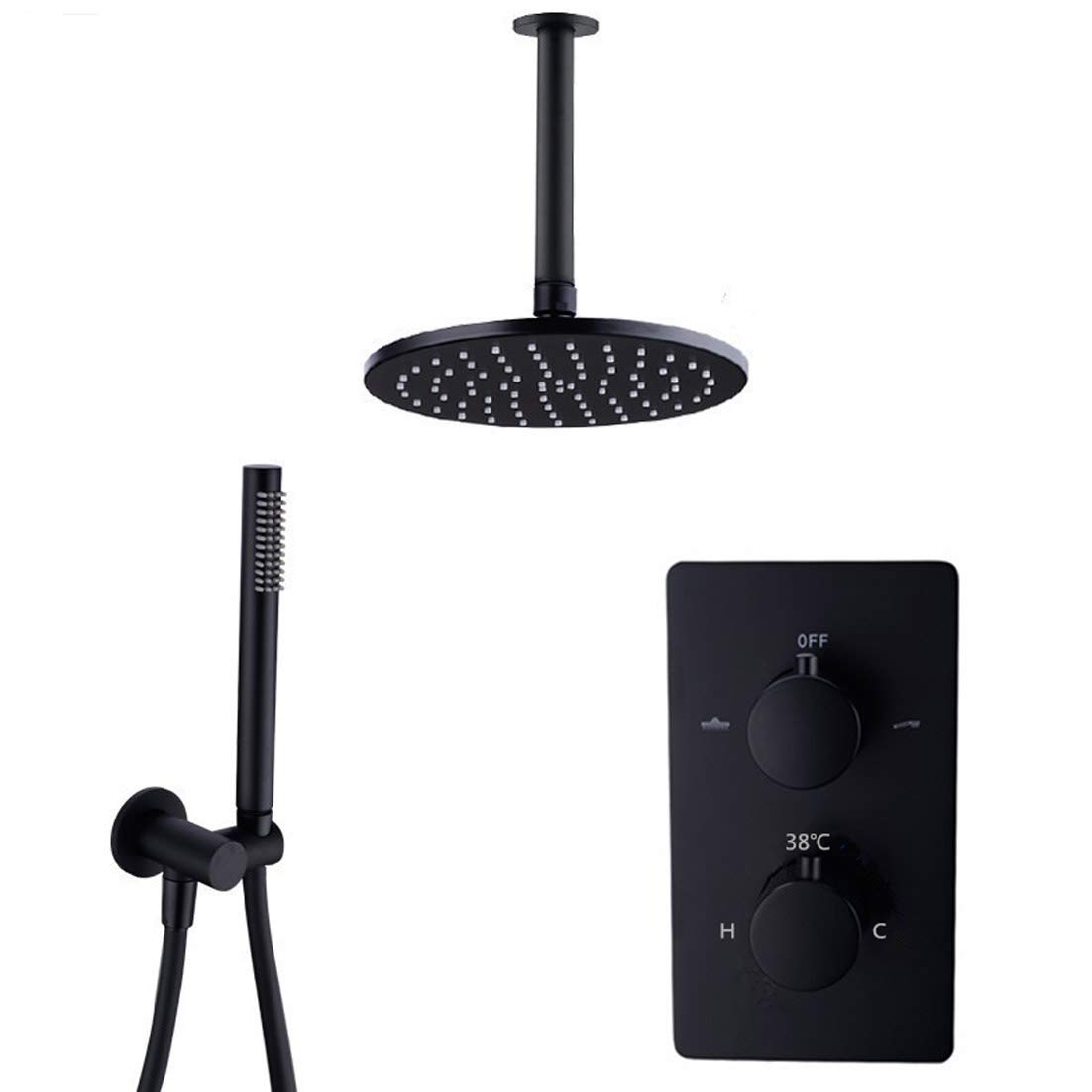 Robinet de douche thermostatique de plafond noir en laiton avec douchette