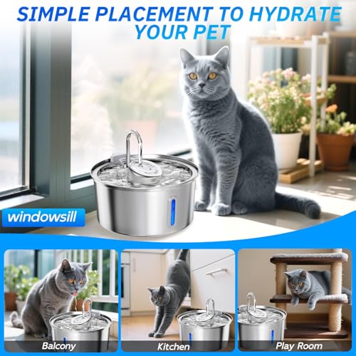 XUNIVERS Katzenbrunnen Edelstahl Trinkbrunnen für Katze:3.2L Trinkbrunnen für Katze Edelstahl,Haustierbrunnen für Kleine Hunde,Mehrschichtiges Filtersystem mit Aktivkohlefilter mehrere Filtration