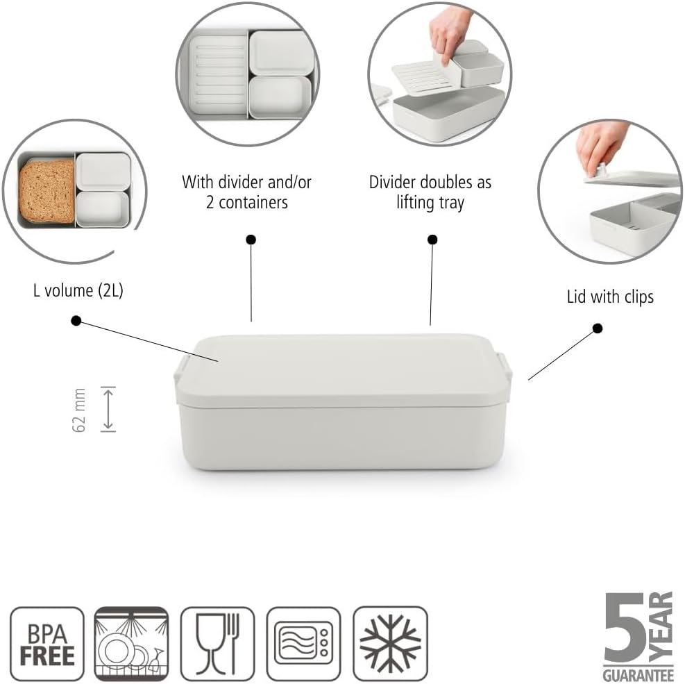 Brabantia Make & Take Bento Lunch Box (Light Gray) 2 Compartments & Lidded Pot, Lift-Out Tray Divider, BPA-Free, Airtight Snap Locks, Microwave & Freezer Safe, Travel Meal Prep Container, 68oz