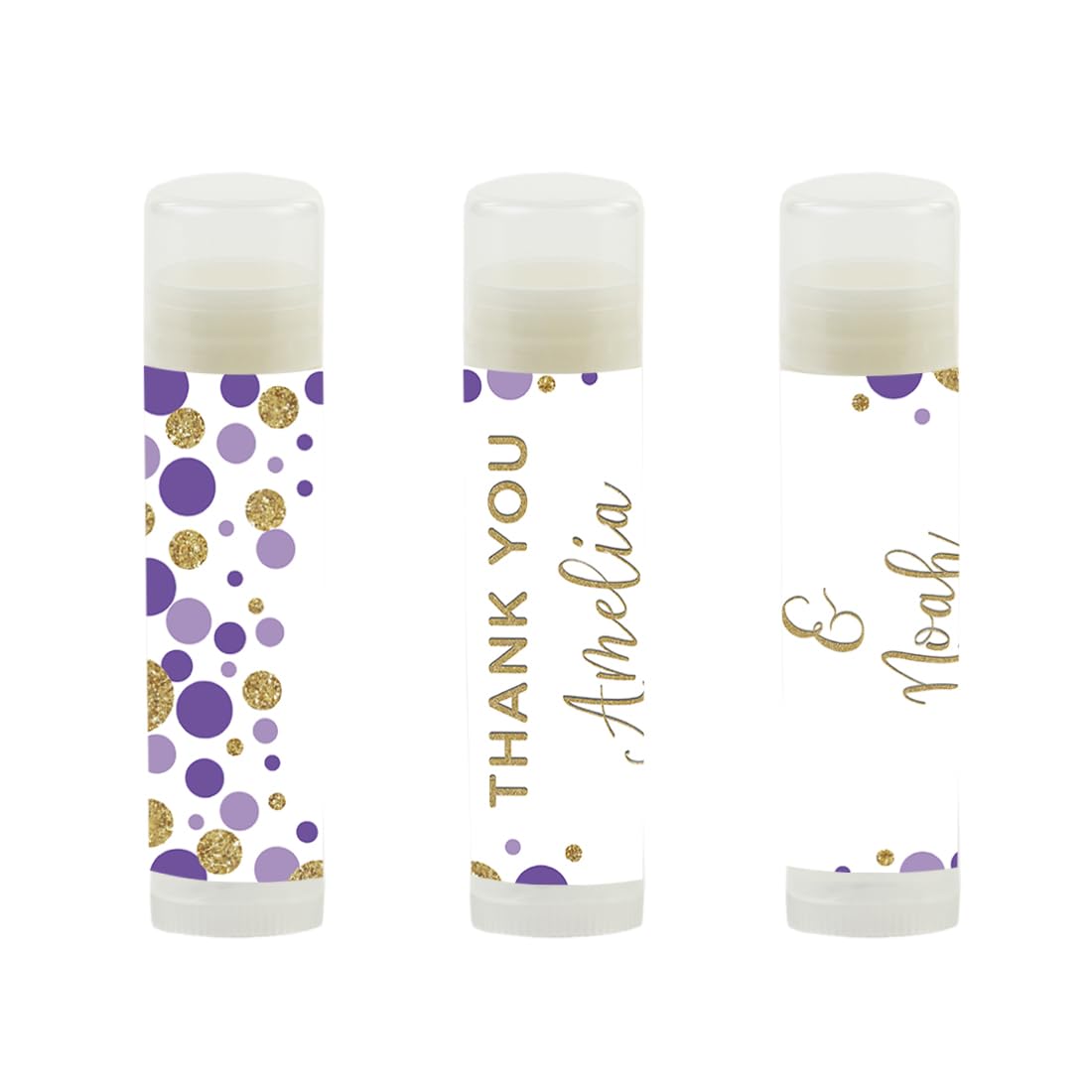 Andaz Press Personalized Wedding Party Lip Balm Party Favors, Lavender Purple Faux Gold Glitter Confetti Dots, Thank You, Bride & Groom Names and Date, 12-Pack, Custom