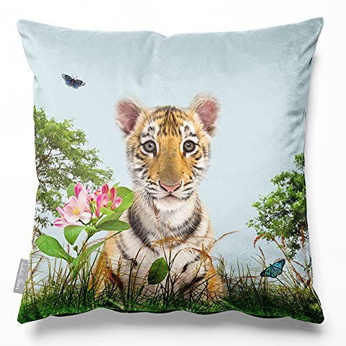Image of Izabela Peters Velvet Cushions - Eco-Friendly, Filled, 45 cm, Tiger Prince - Duck Egg Blue, Chair & Sofa Cushions